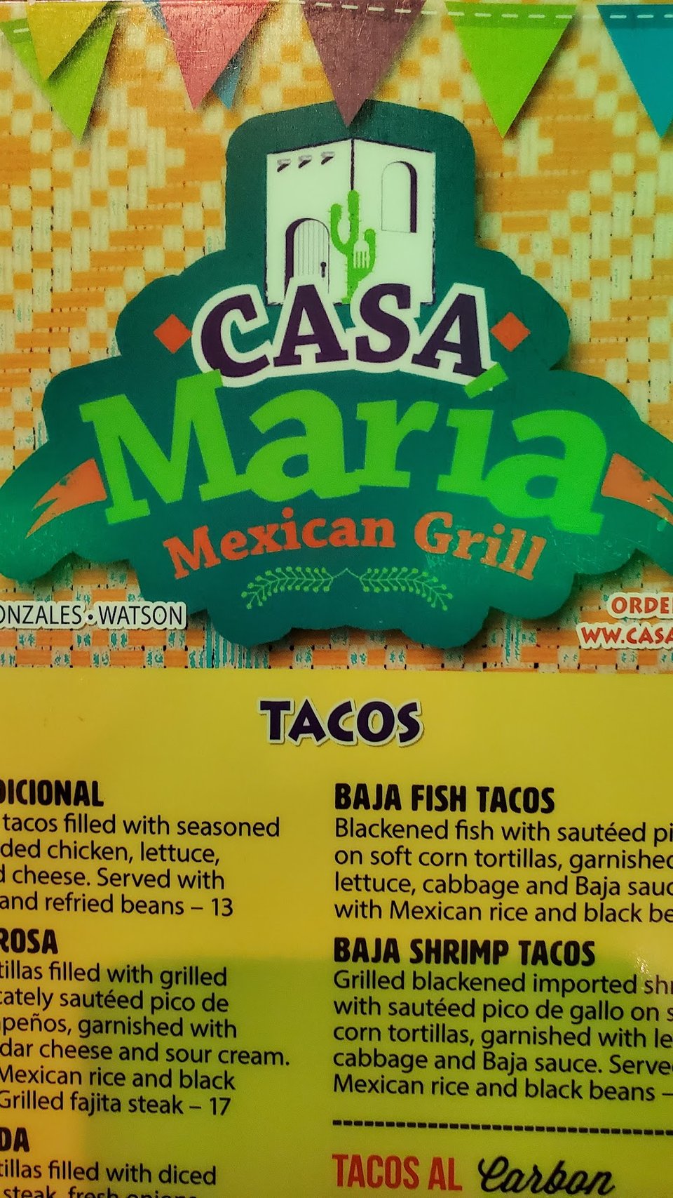 Appetizers and entrées arranged on a menu.